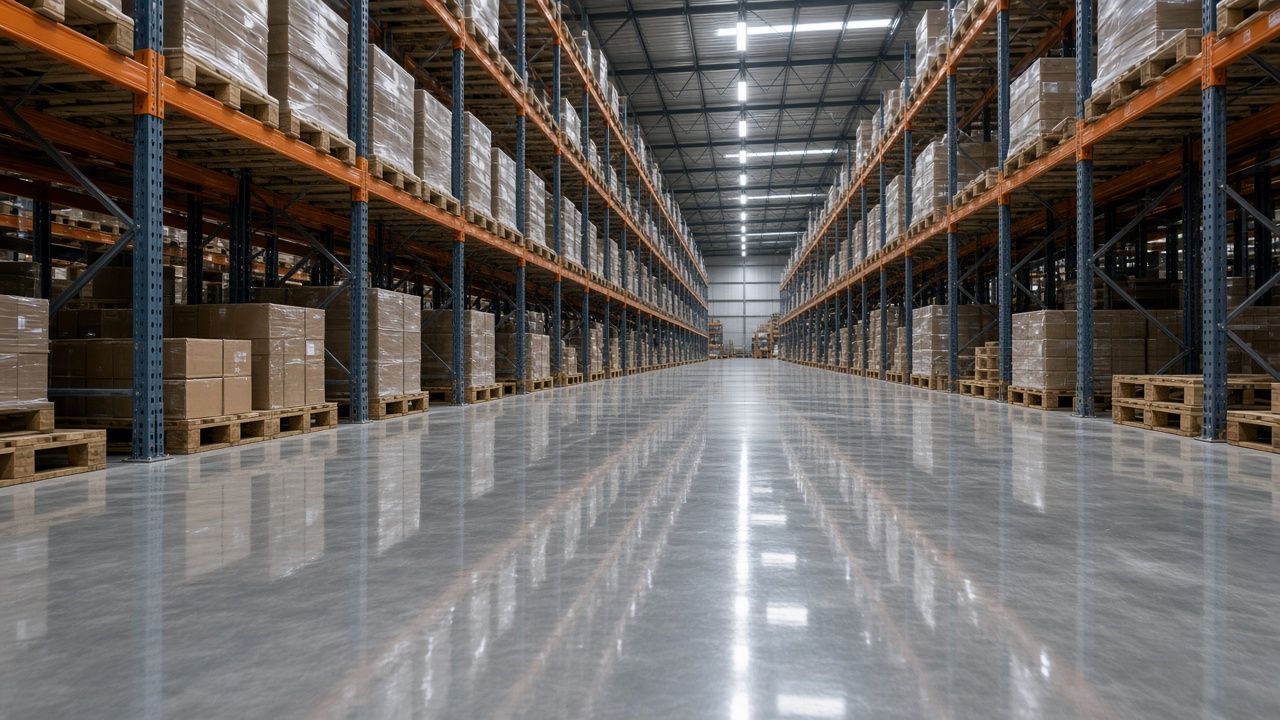 Warehouse floor after polishing: clean, mirror-like concrete reflecting the racking and lights