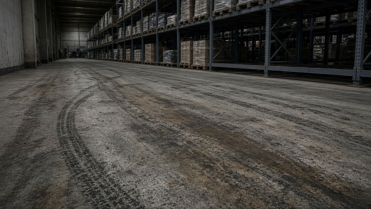 Warehouse floor before cleaning: dull concrete with dust and forklift tire marks