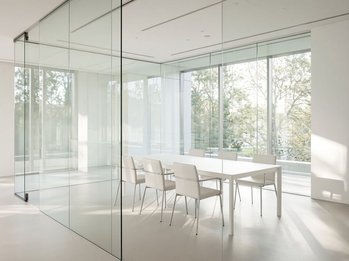A clean, modern open-plan office with large windows and soft daylight