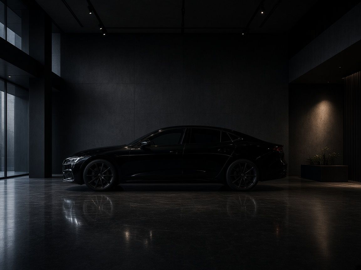 A dark, quiet auto showroom with a black car and a polished floor